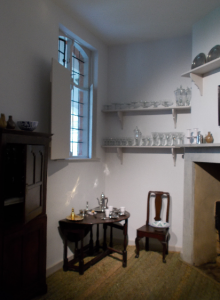 The chocolate preparation room with its display of elaborate porcelain and silverware