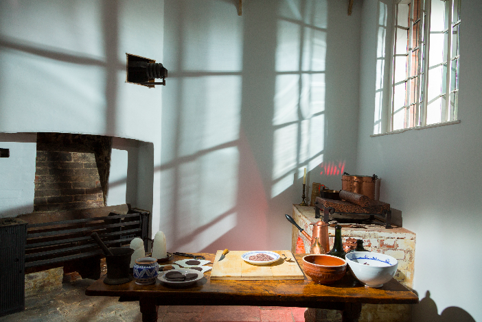 The royal chocolate kitchen, with its fireplace and charcoal brazier