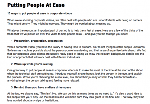 Blog on putting people at ease on camera, used when writing blogs for Clean Cut Media