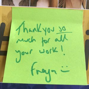 Post it note from client saying 'Thank you so much for all your work'
