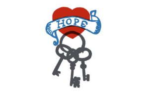 tattoo style image of a red heart, hope banner and keys