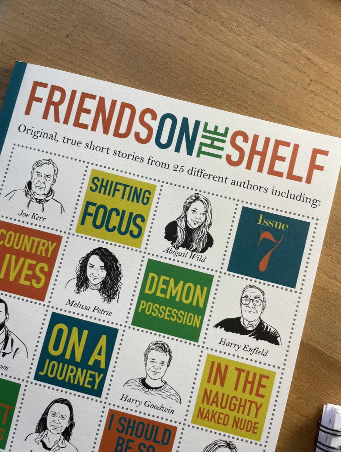 The front cover of a magazine called Friends on the Shelf, showing pen portraits of authors and titles of the short stories inside