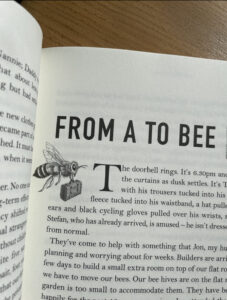 A story called 'From A to Bee' with a hand-drawn sketch of a bee carrying a suitcase